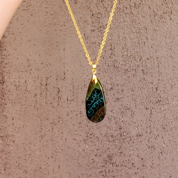New Dragon Veins Agate Drop Gold Plated Necklace. - Picture 12 of 16